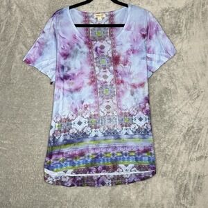 One World 3X Top Shirt Purple Paisley Cap Short Sleeve Scoop Neck Knit High Low